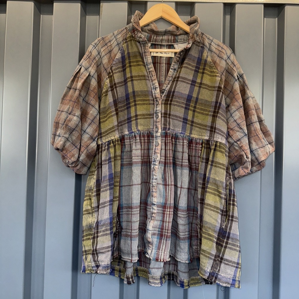 FREE PEOPLE Moon Bay Mixed Plaid Top Retail Ivory Combo XS